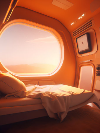 Interior of an airplane with a view from the window. 3d renderの素材