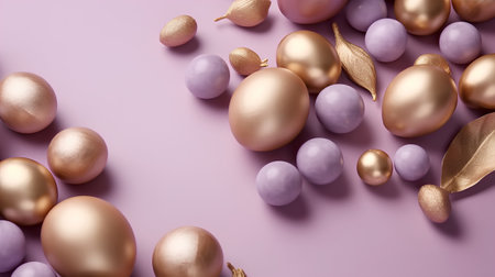 Golden and purple easter eggs on pink background. 3d renderの素材
