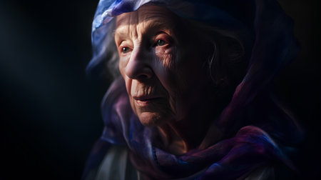 Portrait of an elderly woman in a veil on a dark backgroundの素材