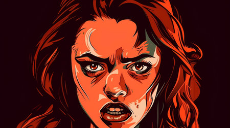 Angry woman face. Vector illustration in pop art comic style.の素材