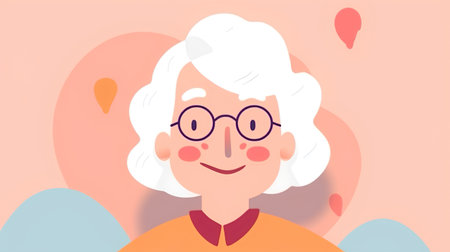 Vector illustration of an old woman with glasses on a background of heartsの素材