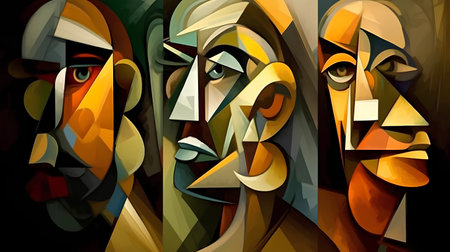 Illustration of a colorful abstract face in the style of stained glassの素材