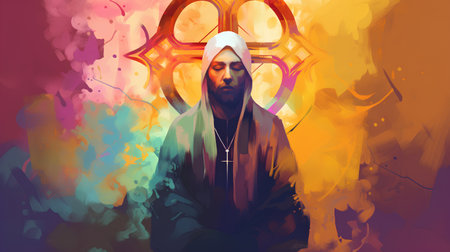 Jesus Christ on the background of the cross. Colorful illustration.の素材