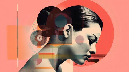 Contemporary art collage. Abstract portrait of a beautiful woman combined with geometric elements.の素材