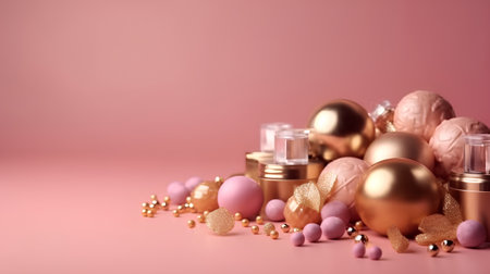 Easter composition with eggs and cosmetics on pink background. Space for textの素材