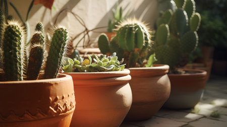 Variety of cacti and succulents in terracotta potsの素材