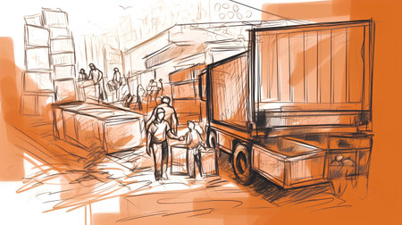 Sketch of a city street with people and a bus.の素材