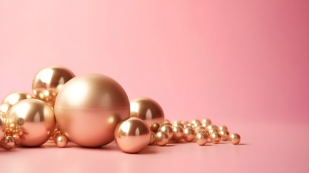 Golden Easter eggs and golden beads on pink background. 3d renderの素材
