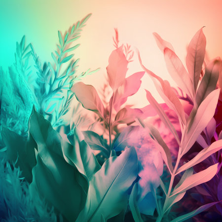 Tropical leaves background. Colorful toned image. Nature conceptの素材