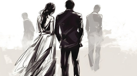 Silhouette of a man and a woman on a white backgroundの素材