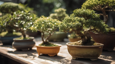 Bonsai tree in a pot on a wooden table. Selective focus.の素材