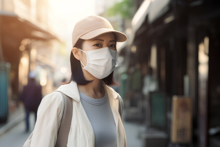Woman wearing a face mask in the city. Corona virus protection concept.の素材