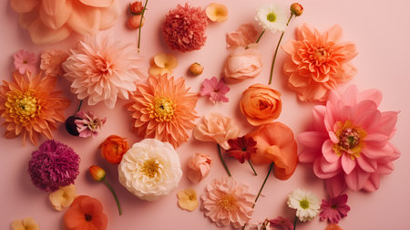Flowers on pink background. Flat lay, top view, copy spaceの素材