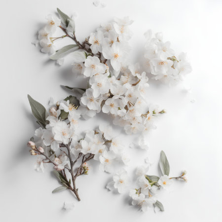 Flowers composition. Cherry blossom branches on white background. Flat lay, top view, copy spaceの素材
