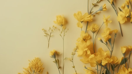 Yellow freesia flowers on yellow background. Flat lay, top viewの素材