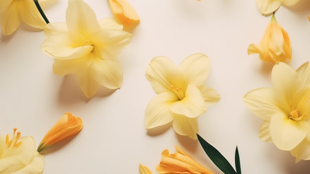 Yellow narcissus flowers on beige background. Flat lay, top viewの素材