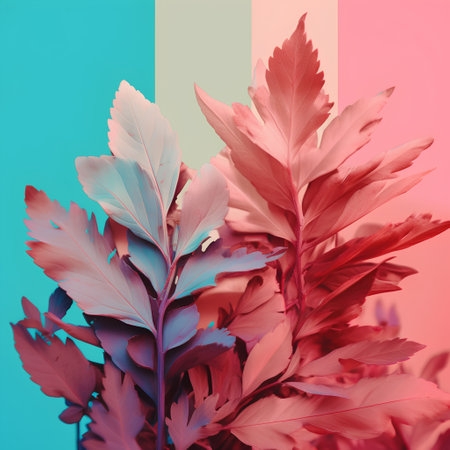 Creative layout made of multicolored leaves on colorful background. Flat lay. Nature conceptの素材