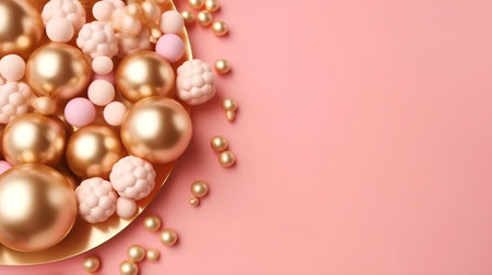 3d render of golden easter eggs and pearls on pink backgroundの素材