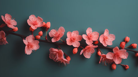 Cherry blossom branch with pink flowers on turquoise backgroundの素材