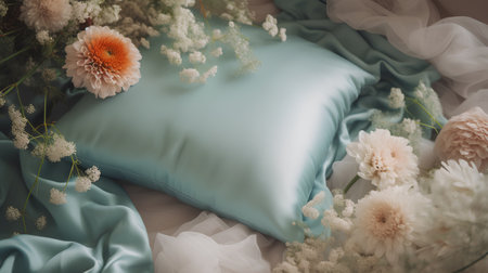 Flower arrangement on bed with soft blue and white fabric, vintage toneの素材