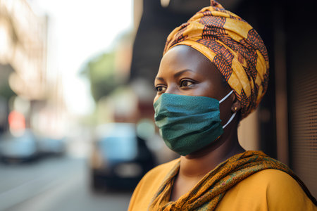 young beautiful african woman wearing face mask walking in the city streetsの素材