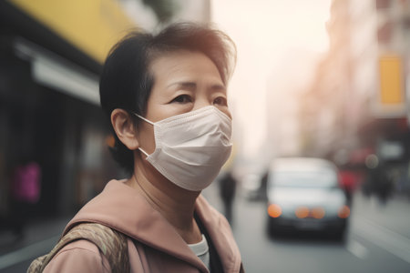 Asian woman wearing protective mask on the street. Corona virus protection concept.の素材