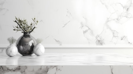 interior with white marble wall and vase with olive branch 3d renderの素材
