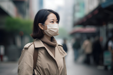 young asian woman wearing mask to prevent the spread of the virus in the cityの素材