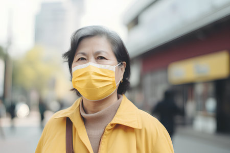 Asian senior woman wearing face mask for protect coronavirus in cityの素材