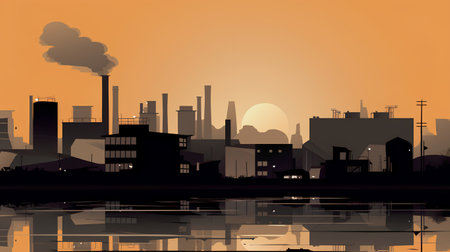 Factory with reflection on the river. Industrial landscape. Vector illustration.の素材