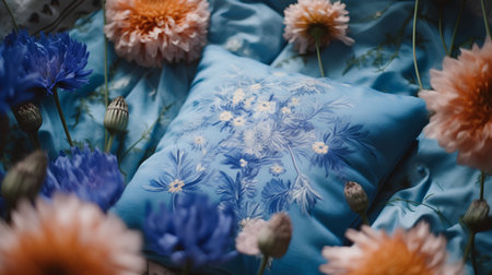 Blue pillow with a pattern of flowers on a blue bed sheet.の素材