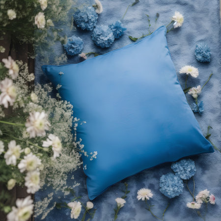 Blue pillow on a blue background with flowers. Flat lay, top view.の素材