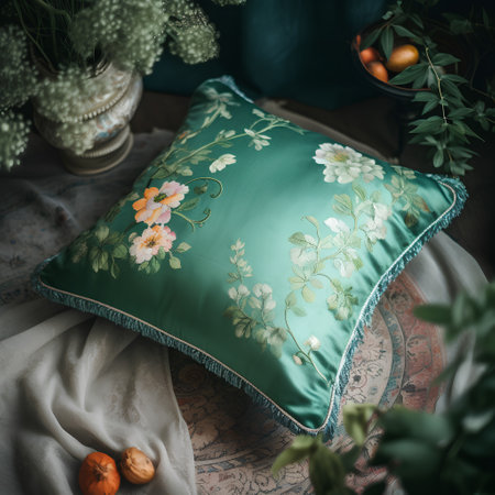 Vintage green pillows on the bed with flowers in the interiorの素材