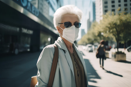 Elderly woman wearing protective mask and sunglasses walking in the cityの素材