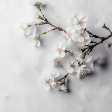 Beautiful blooming branch of sakura on white background. Flat lay, top viewの素材