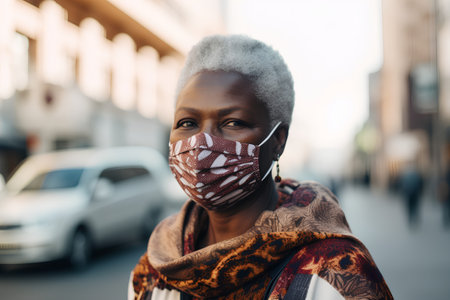 Young african american woman wearing face mask and scarf in the city.の素材