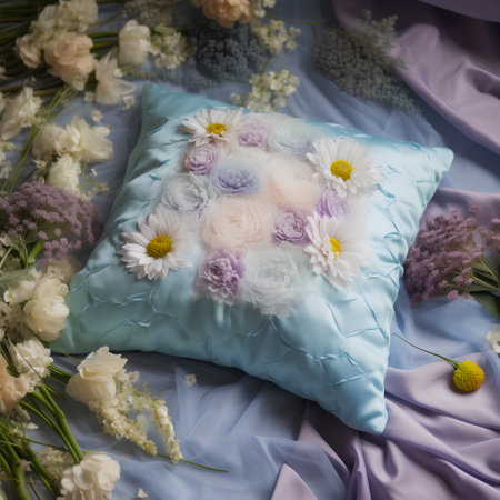 A bouquet of white and purple flowers on a blue pillow.の素材