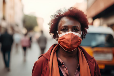 Portrait of a young African woman wearing a face mask in the city.の素材