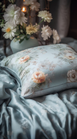 Beautiful pillow on the bed in the morning. Vintage style.の素材