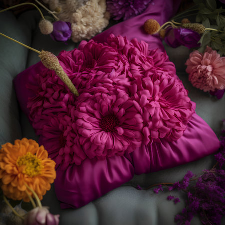 Pink pillow with a bouquet of chrysanthemums.の素材