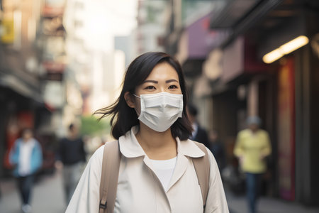Asian woman wearing a mask to prevent the spread of COVID-19 in Japanの素材