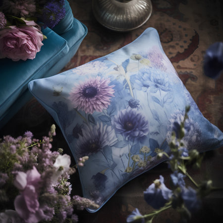 Beautiful pillow with flowers in vintage style. Selective focus.の素材