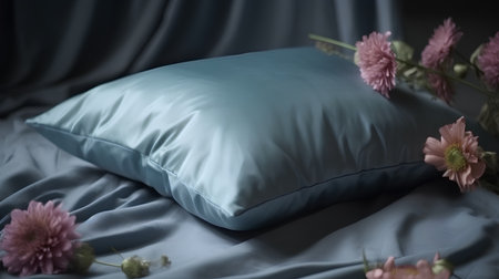 Blue pillow on the bed with a bouquet of dahliasの素材