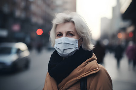 portrait of senior woman wearing medical mask on the street in cityの素材