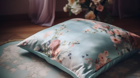 Pillow with floral pattern on the bed in the bedroom.の素材