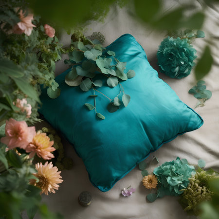 Blue pillows with flowers and plants on the bed. Top viewの素材