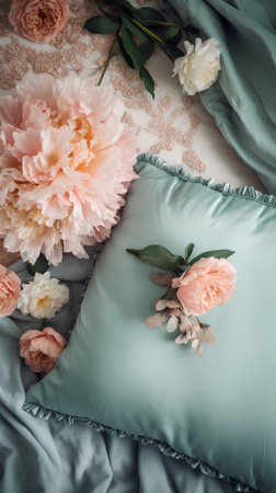 Beautiful pink and white peony flowers on the bed with blue linen.の素材