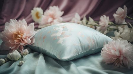 Beautiful pillow and flowers on the bed. Selective focus.の素材