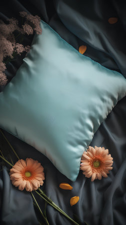 3d rendering of a blue pillow with flowers on a black silkの素材