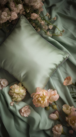 Beautiful flower bouquet on green fabric bedding, vintage styleの素材